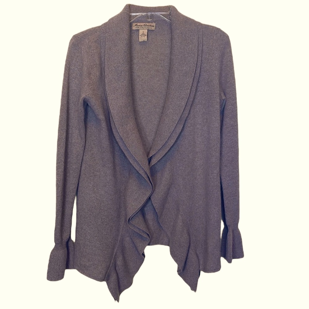 Marisa Christina 2ply cashmere tan/beige open front cascade cardigan - Picture 3 of 11